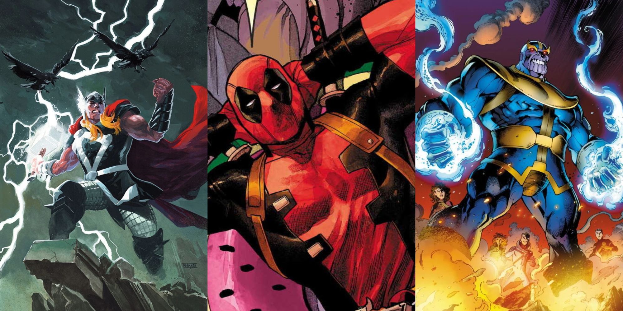 Split image of thor, Deadpool, and Thanos Marvel feature