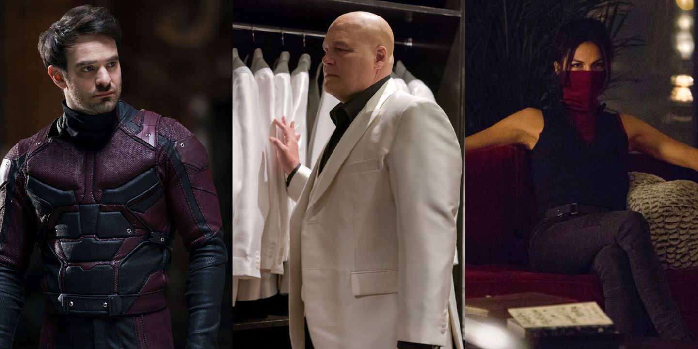 Split image showing Matt Murdock, Fisk, and Elektra in Netflixs Daredevil