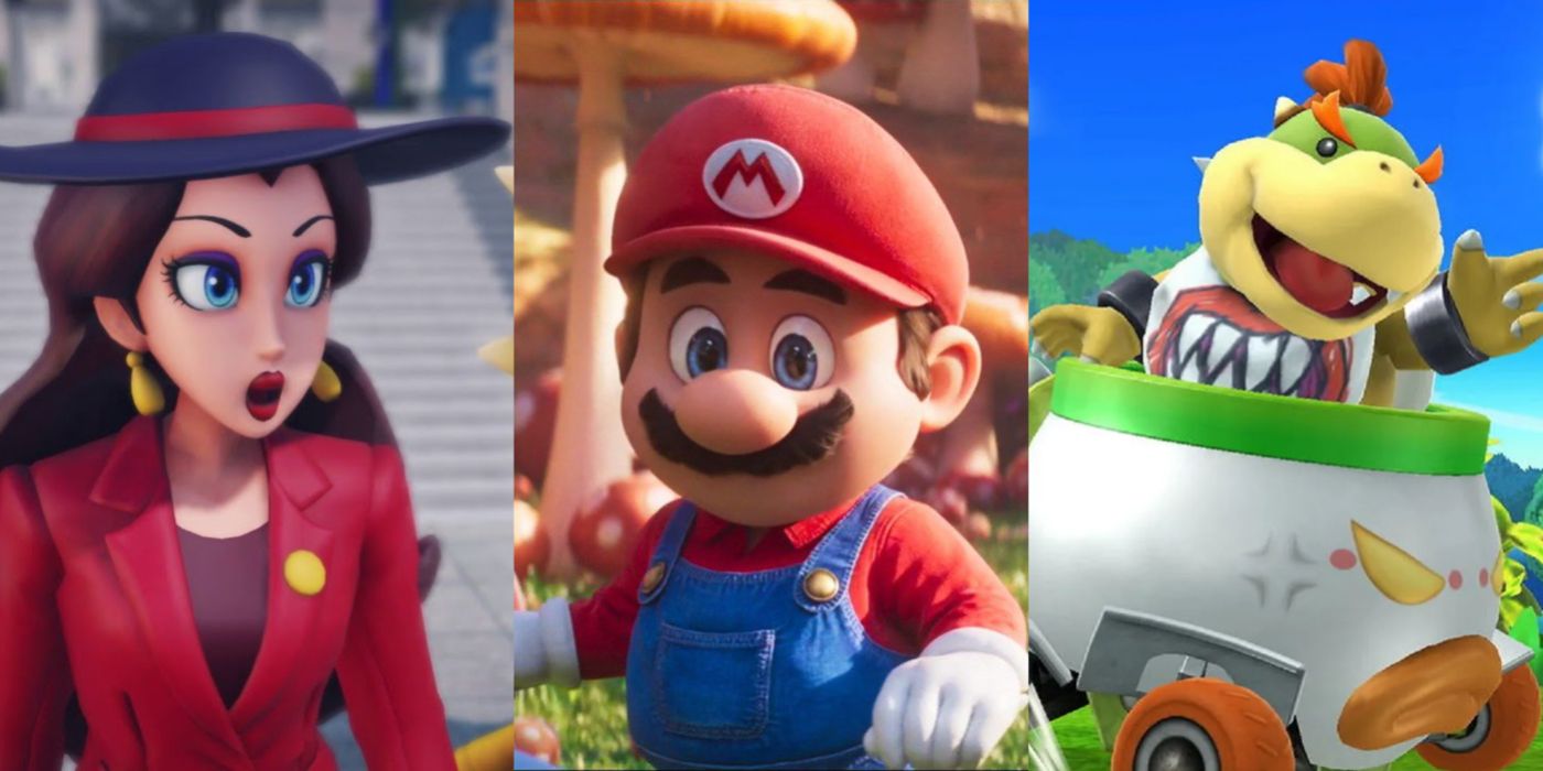 Split image showing Pauline and Bowser Jr in the Mario franchise, and Mario in the Mario 2023 movie