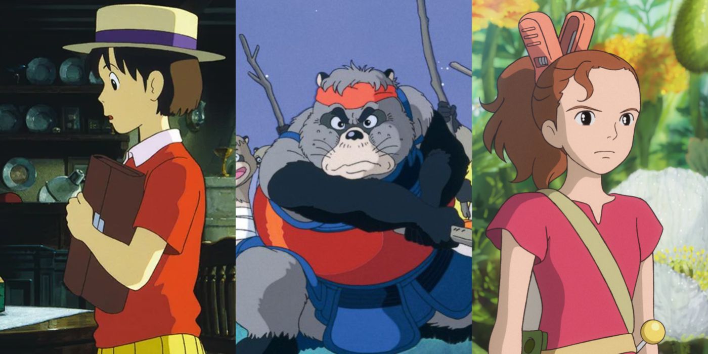 Split image showing characters from Studio Ghiblis Whisper of the Heart, Pom Poko, and Arrietty