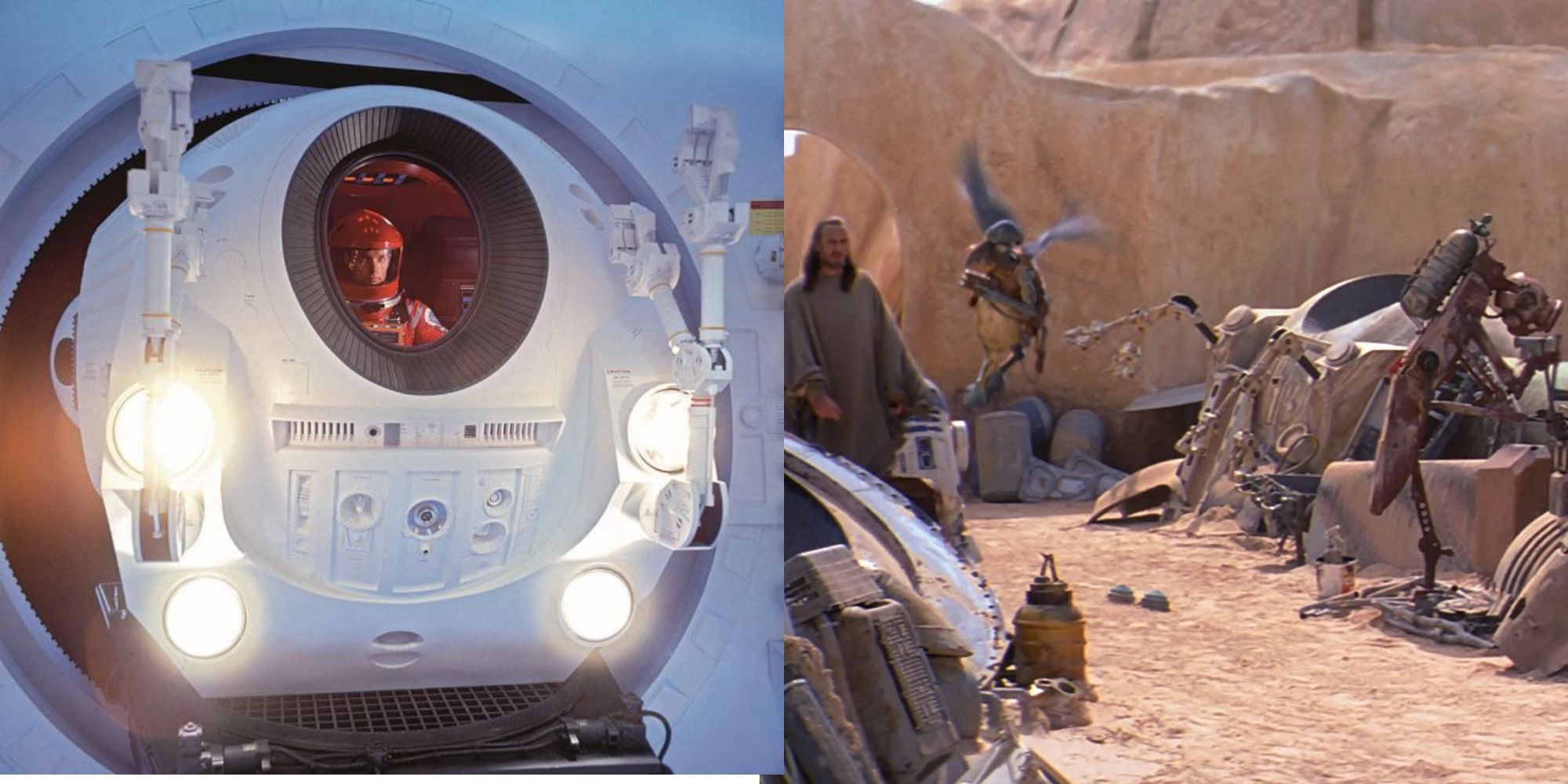 Imagem dividida mostrando o EVA Pod em 2001 A Space Odyssey e um easter egg em Star Wars Episódio I A Ameaça Fantasma