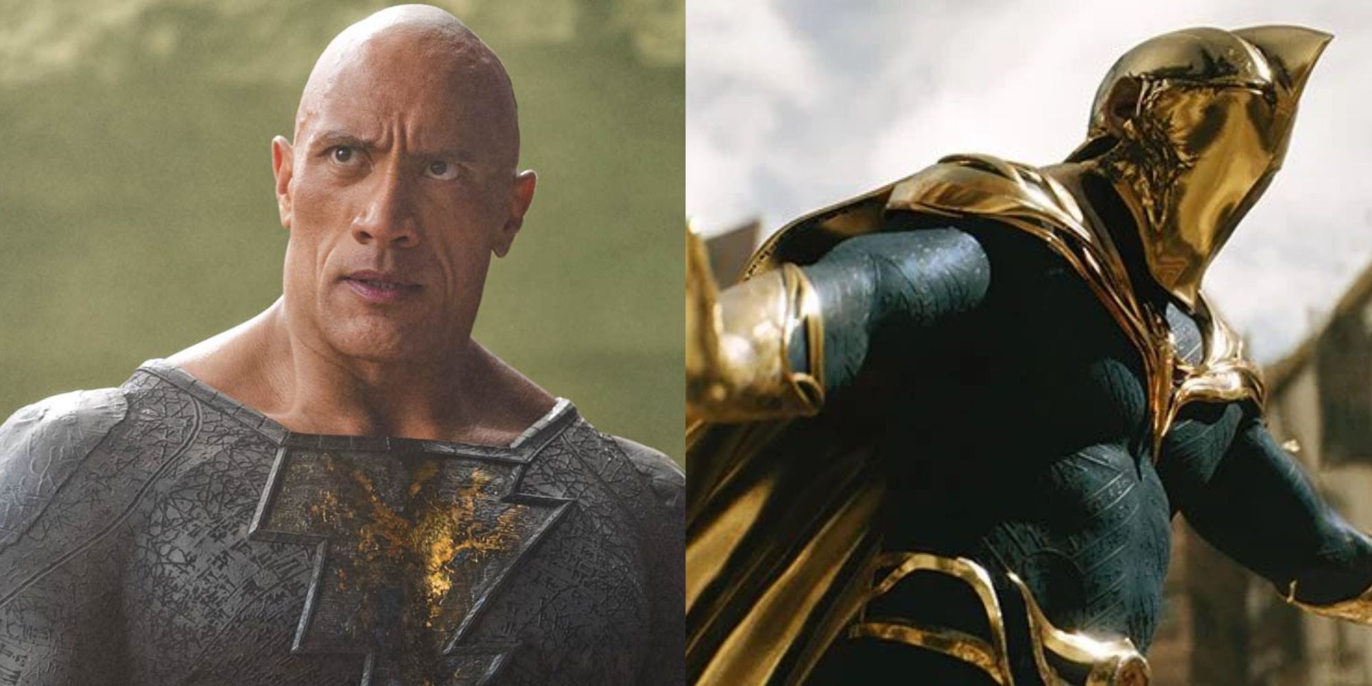 Split images of Black Adam and Doctor Fate looking to their left