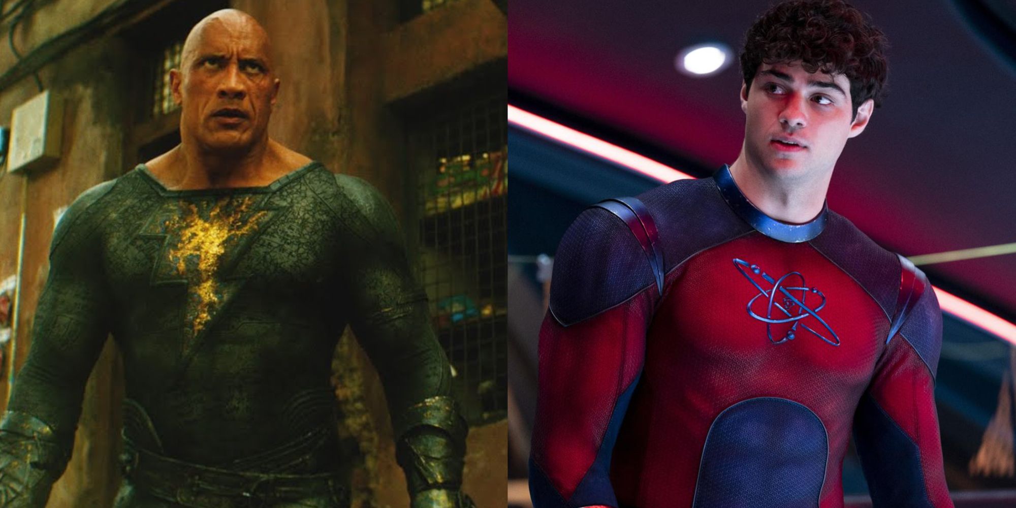 Split images of Black Adam posing and Atom Smasher looking to his right