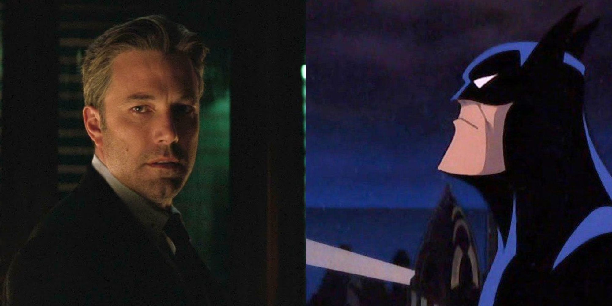 Split images of Bruce Wayne turning around in Suicide Squad and Batman looking up in Mask of the Phantasm