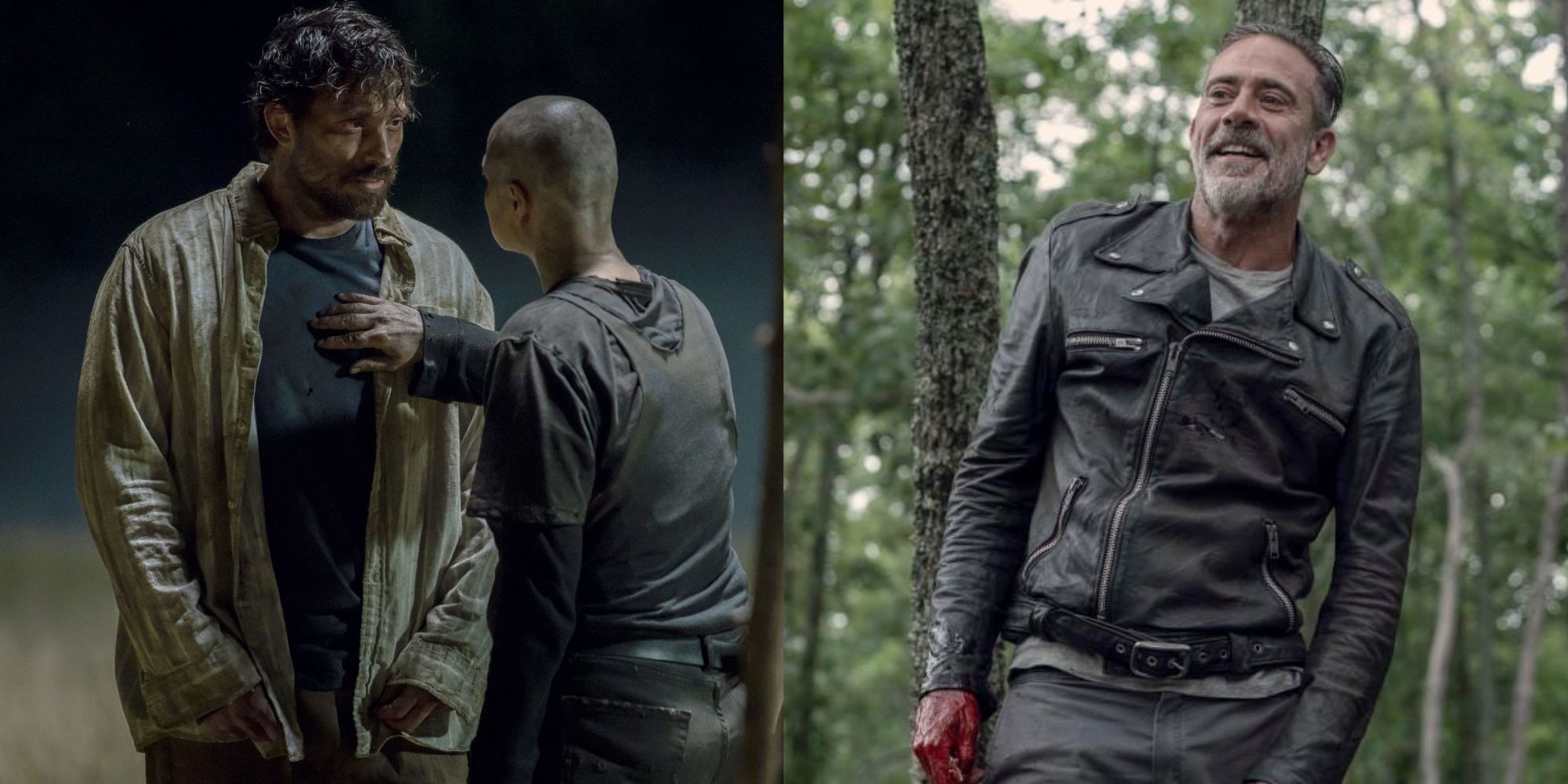 Split images of Dante talking to Alpha and Negan in the woods in The Walking Dead