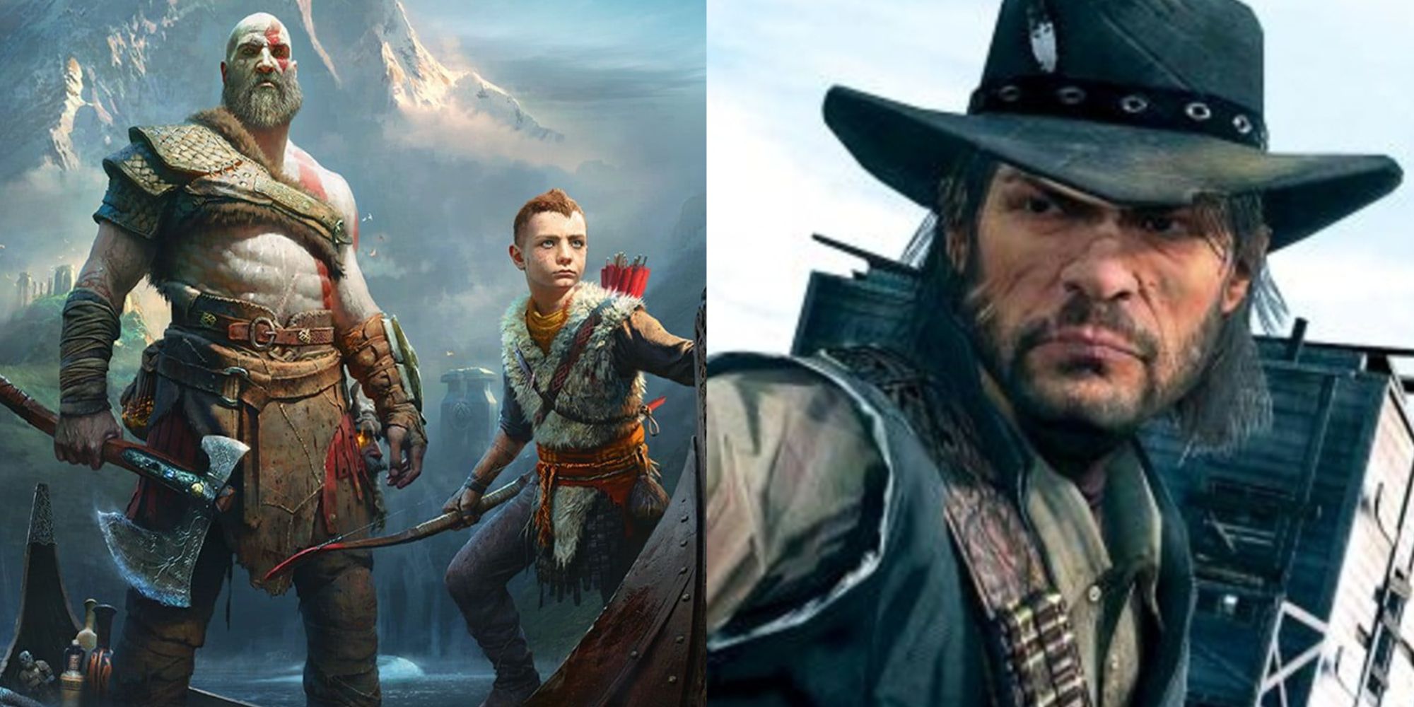 Split images of Kratos and Atreus in God of War and John Marston in Red Dead Redemption