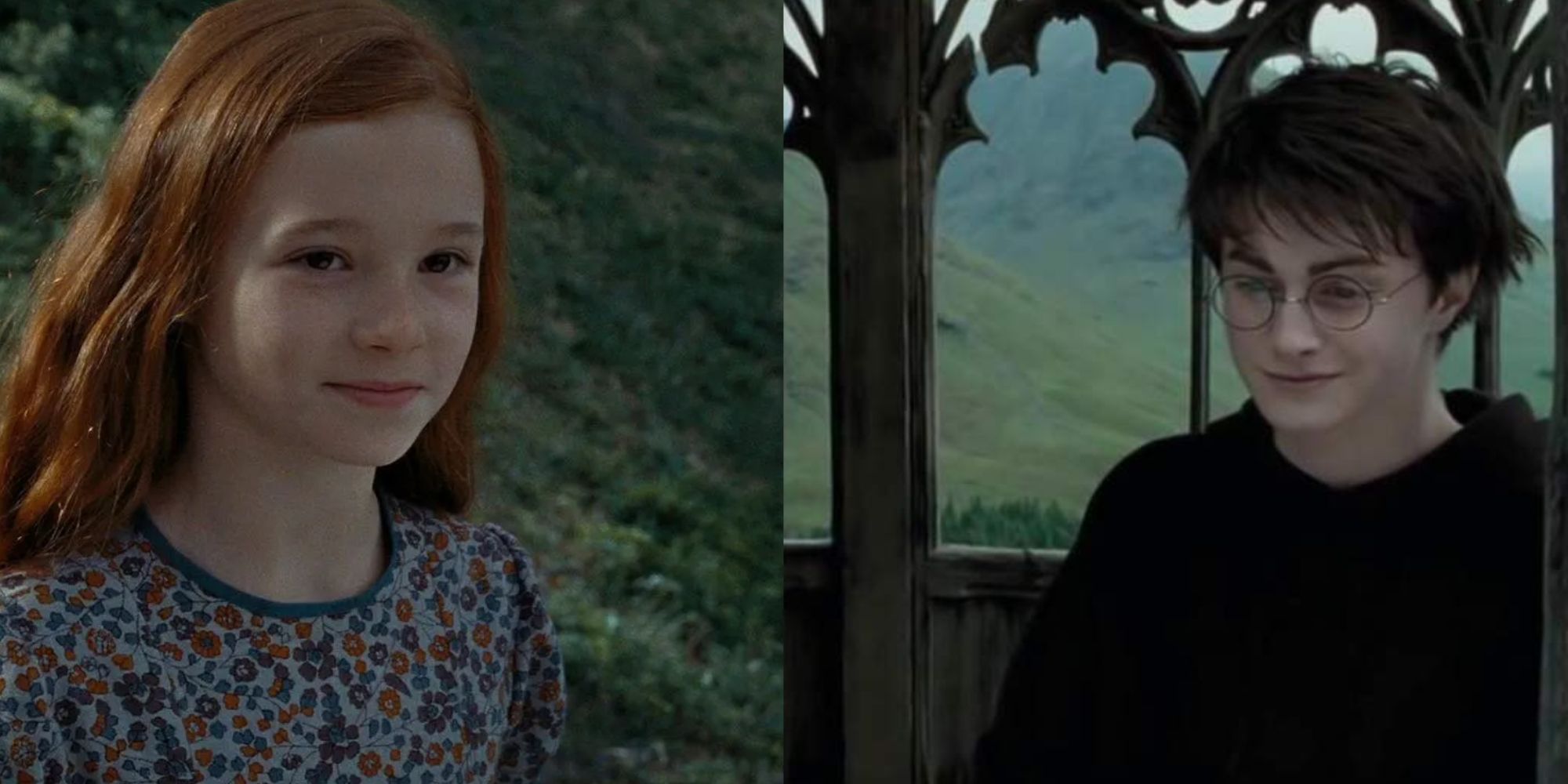 Split images of Lily Potter smiling in Deathly Hallows and Harry Potter smiling in Prisoner of Azkaban