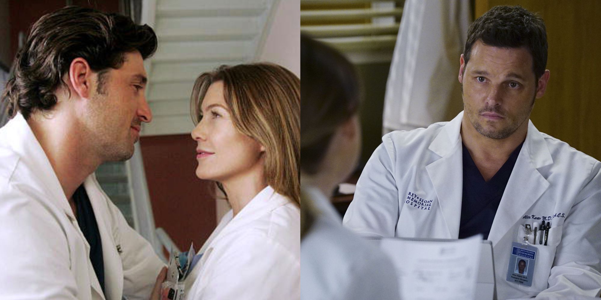 Split images of Meredith and Derek looking at each and Alex sitting on a seat in Grey's Anatomy