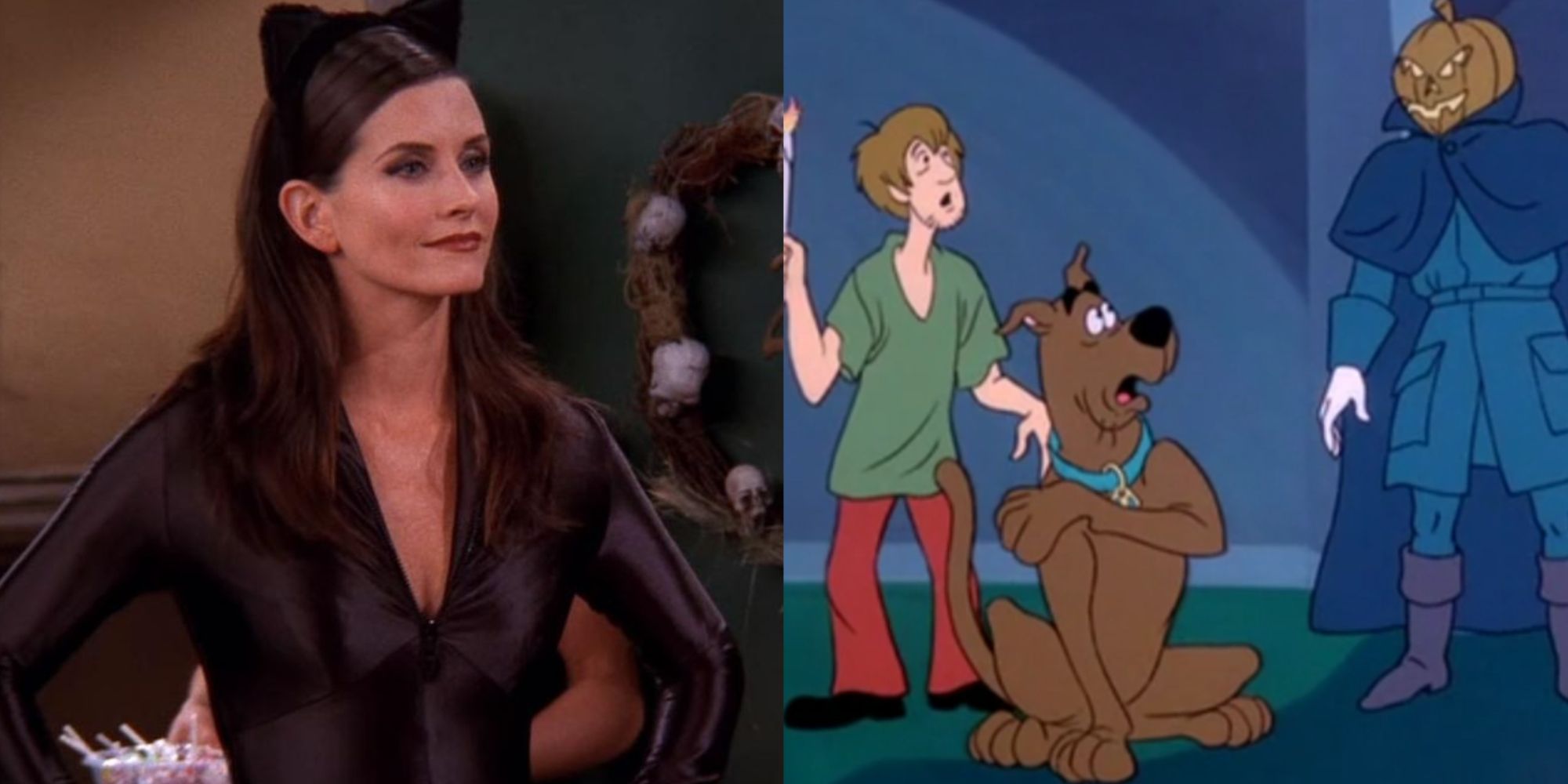 Split images of Monica wearing a Catwoman costume in Friends and Scooby-Doo and Shaggy looking at the Headless Horseman