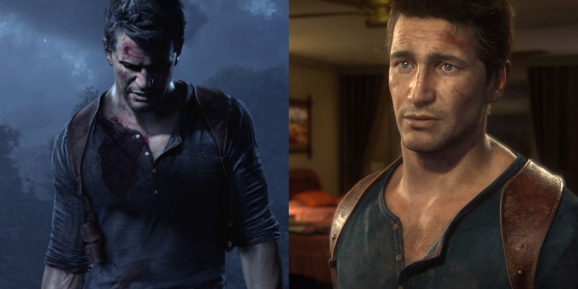 Our hero, the one and only Nathan Drake showcasing contrasting emotions in the image. Voice actor Nolan North delivers excellent vocal range and kills it as Nathan Drake every time.