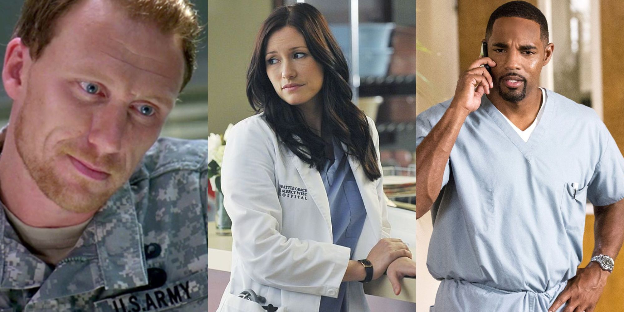 Split images of Owen Hunt, Lexie Grey, and Ben Warren in Grey's Anatomy