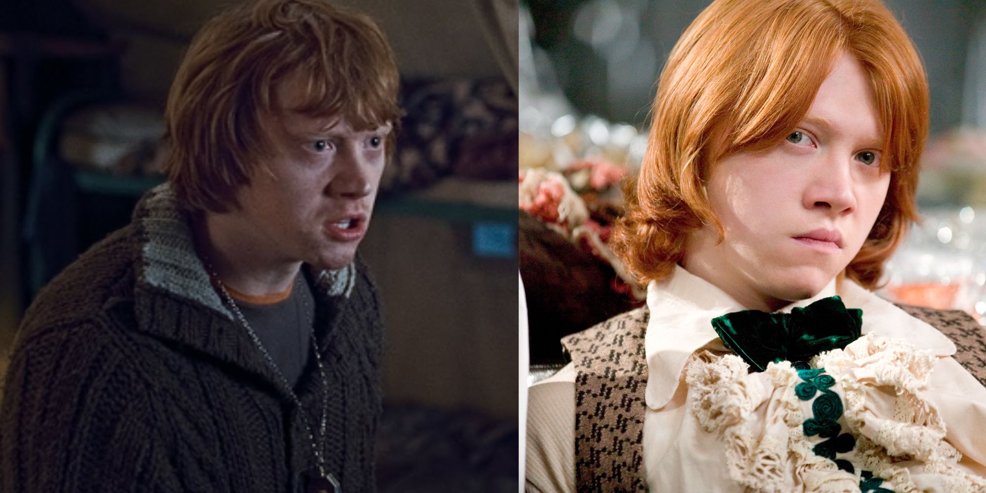 Split images of Ron yelling and Ron looking angry in Harry Potter