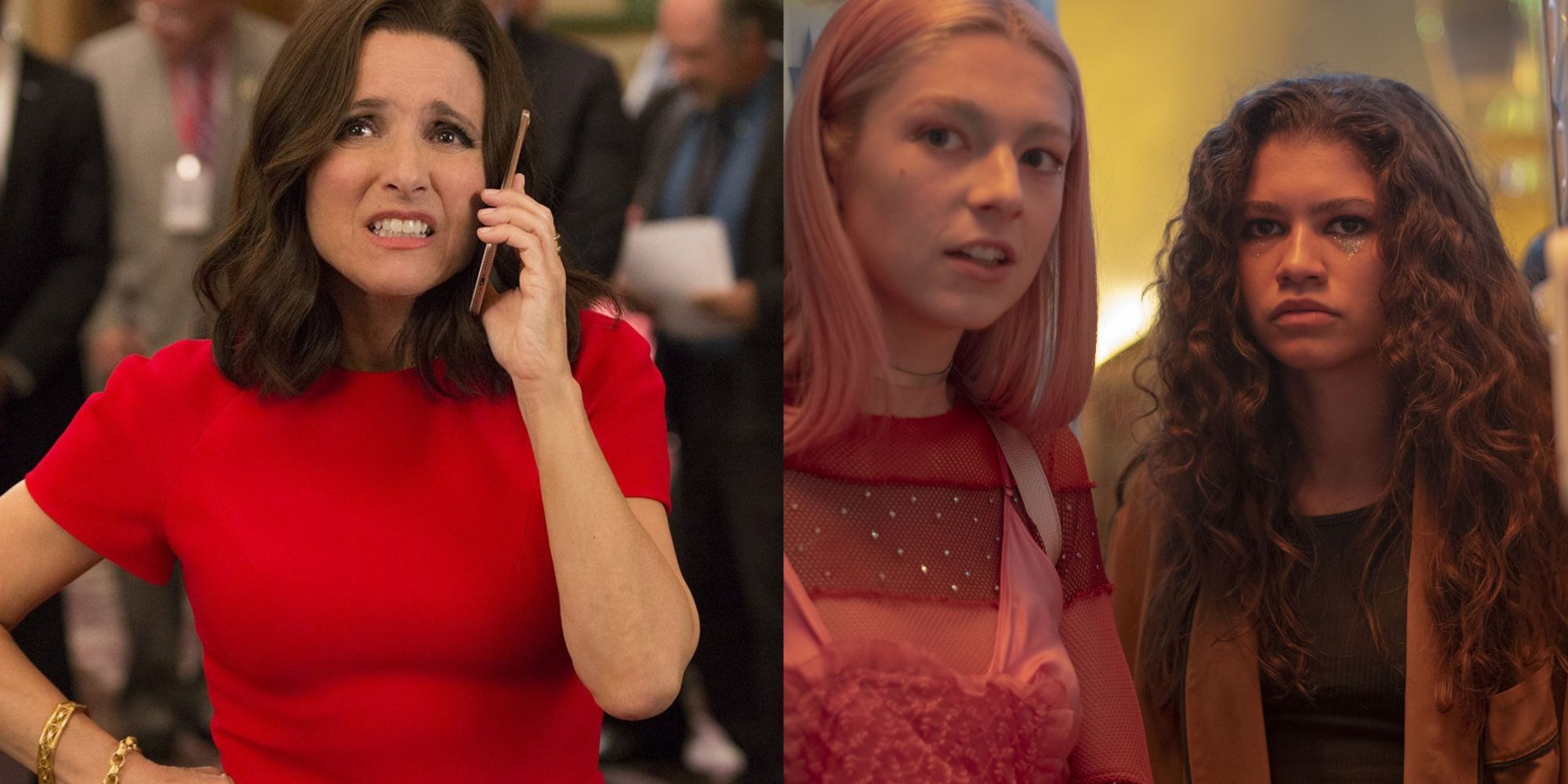 Split images of Selina talking on the phone in Veep and two teenagers in a cramped space in Euphoria