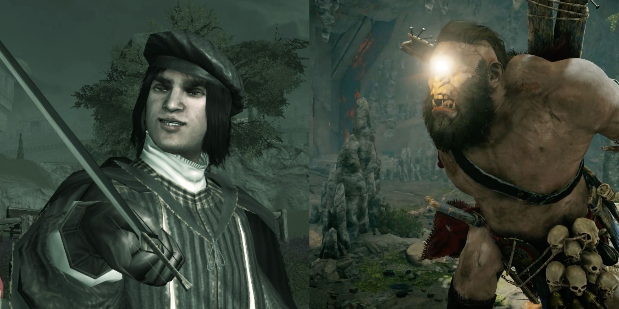 Split images of Vieri De Pazzi holding a sword in Assassin's Creed II and Cyclops flashing his eye in Assassin's Creed Odyssey