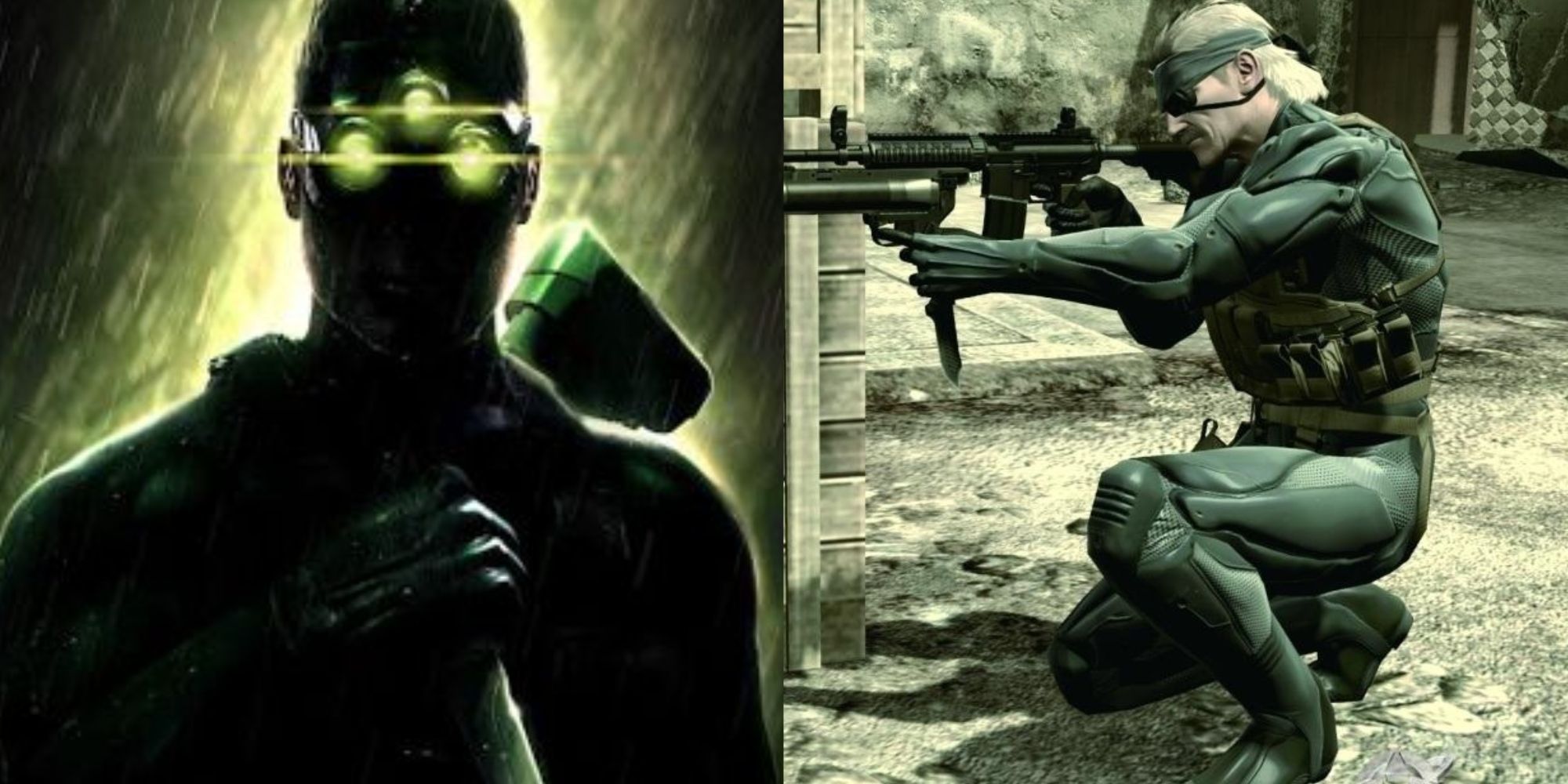 Split images of a dark figure in Splinter Cell 2 and Snake shooting in Metal Gear Solid 4