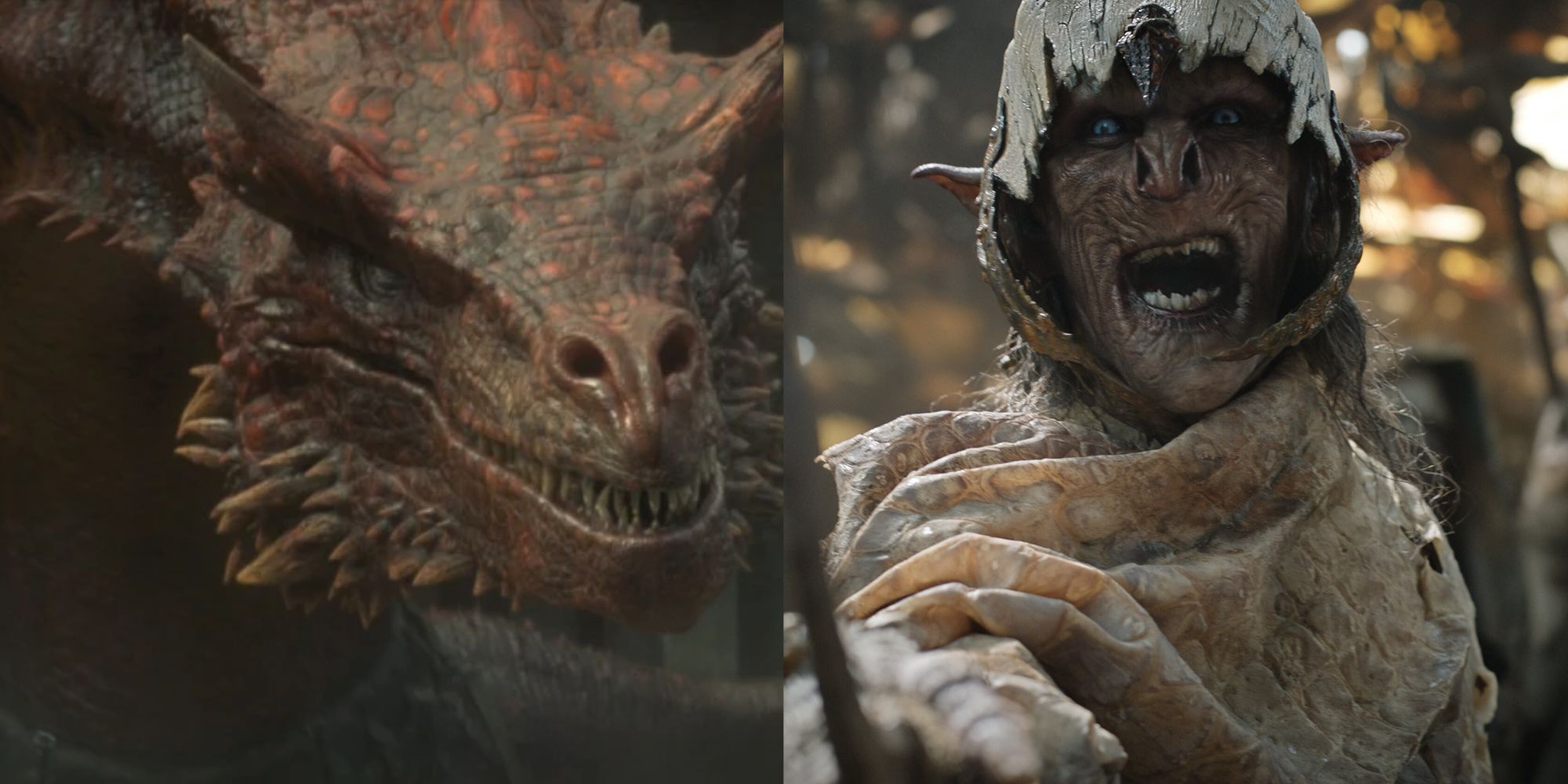 Imagens divididas de um dragão e um orc em House of the Dragon e Rings of Power