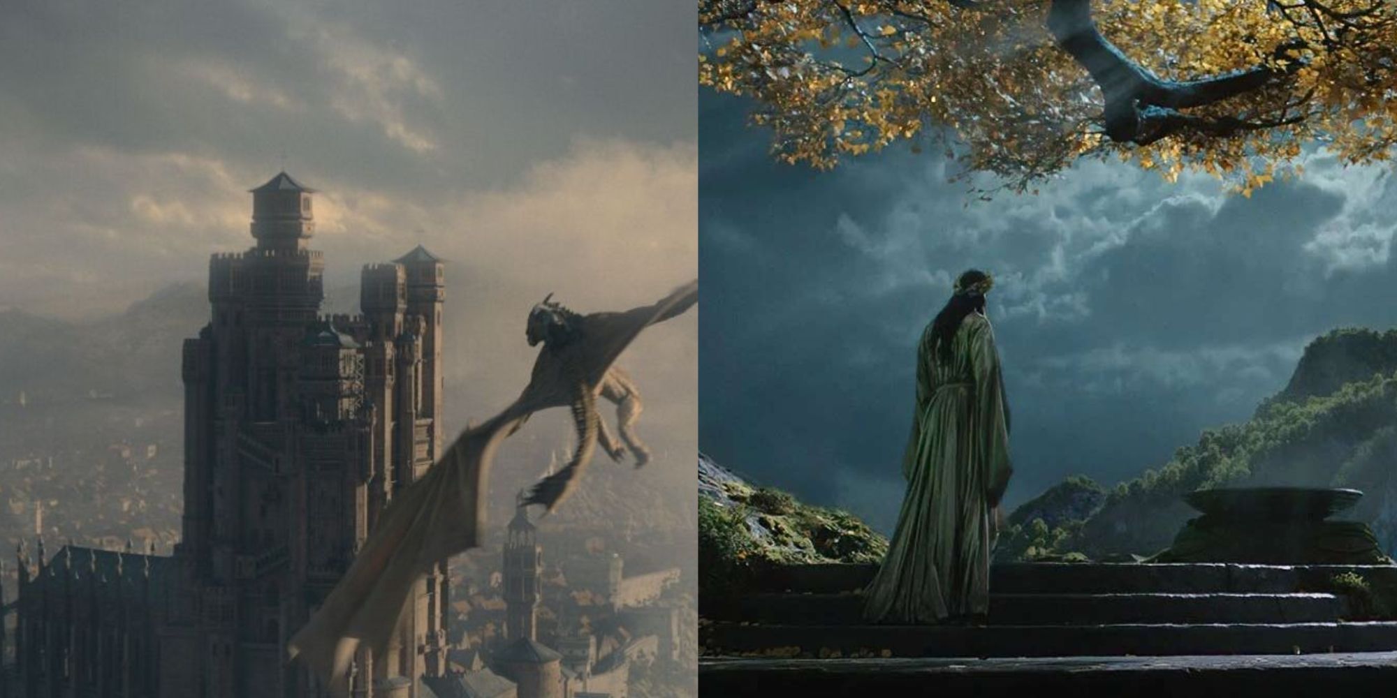 Imagens divididas de um dragão voando e uma mulher de pé à distância em House of the Dragon e Rings of Power