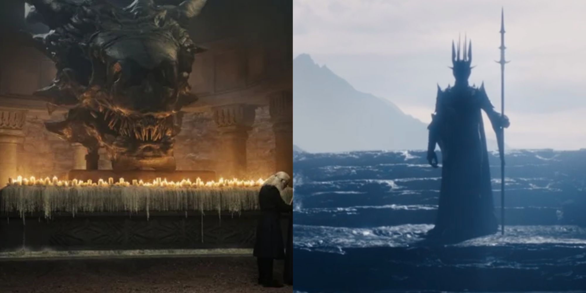 Imagens divididas de uma estátua de dragão e Sauron em pé na Casa do Dragão e os Anéis do Poder