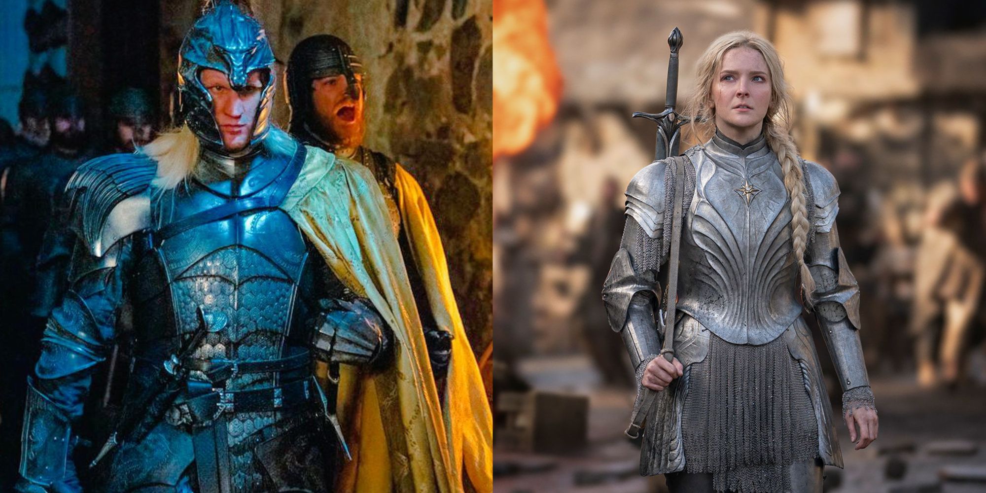 Imagens divididas de um homem vestindo armadura e uma mulher vestindo armadura em House of the Dragon e Rings of Power