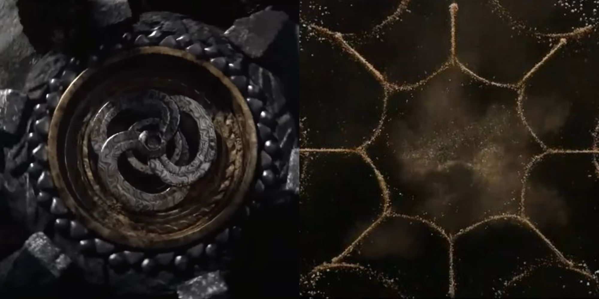 Imagens divididas de pedestais circulares em House of the Dragon e The Rings of Power