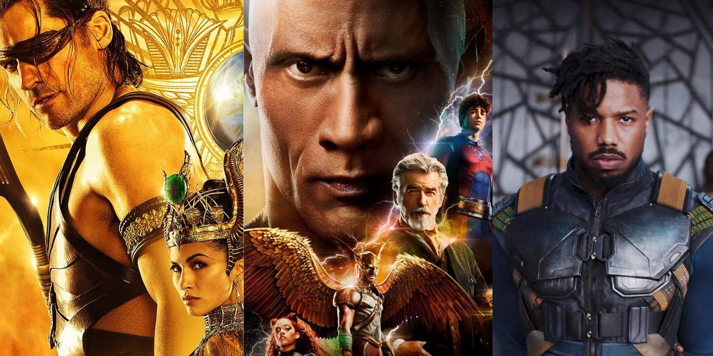 Split images of stills from Gods of Egypt, Black Adam, and Black Panther