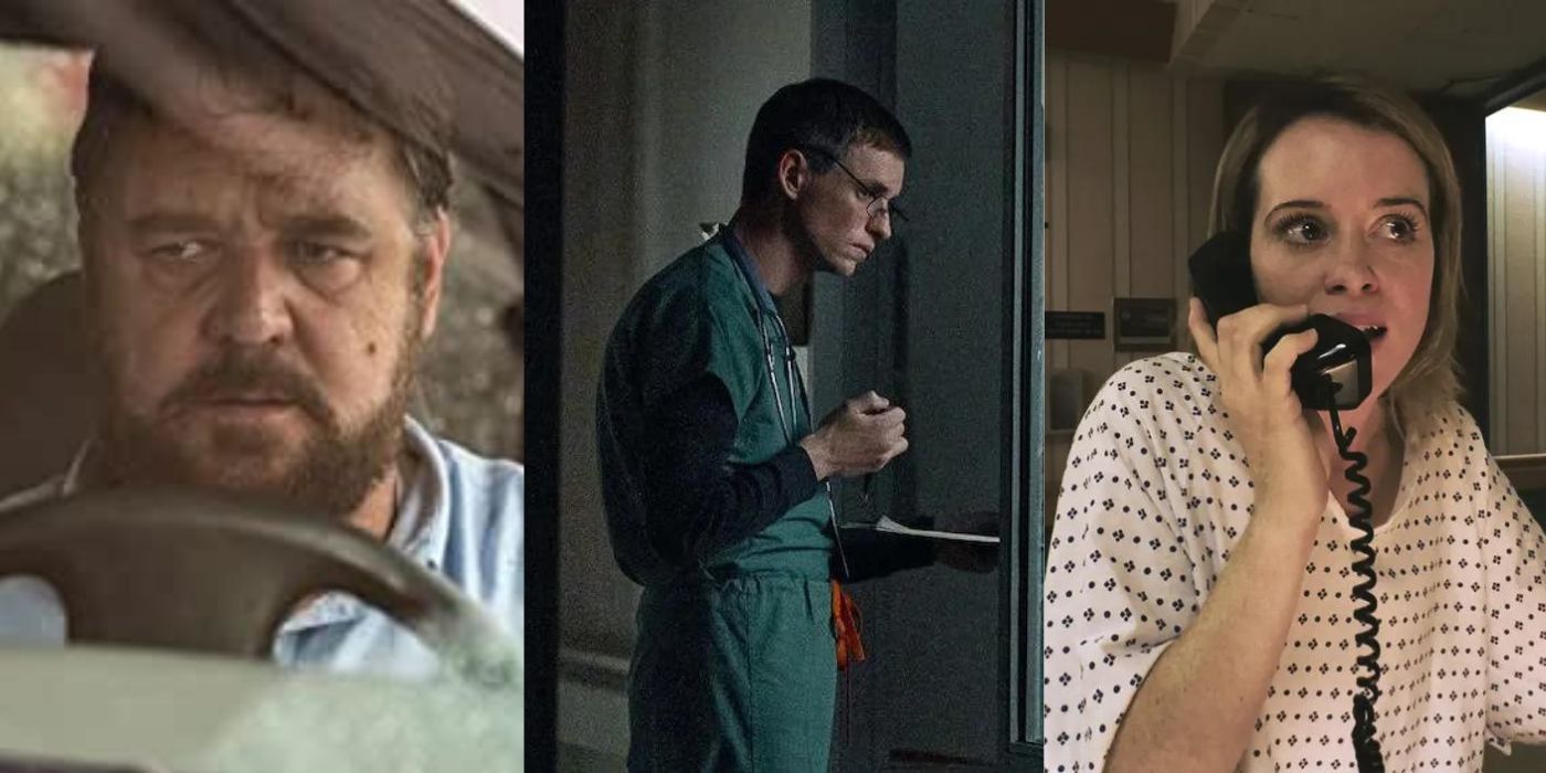 Split images of stills from Unhinged, The Good Nurse, and Unsane