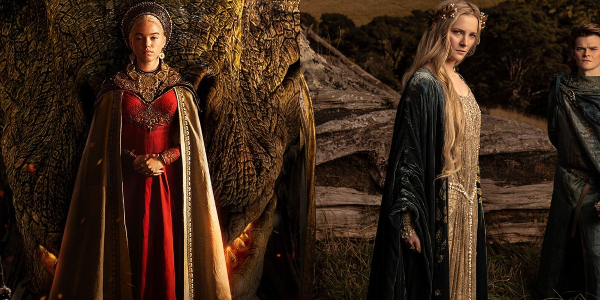 Imagens divididas de duas mulheres vestindo roupas medievais em House of the Dragon e The Rings of Power