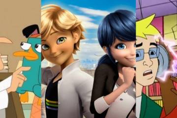 Split screen image of Dr. Doofenshmirtz and Perry, Adrien and Marinette, and Virgil and Richie