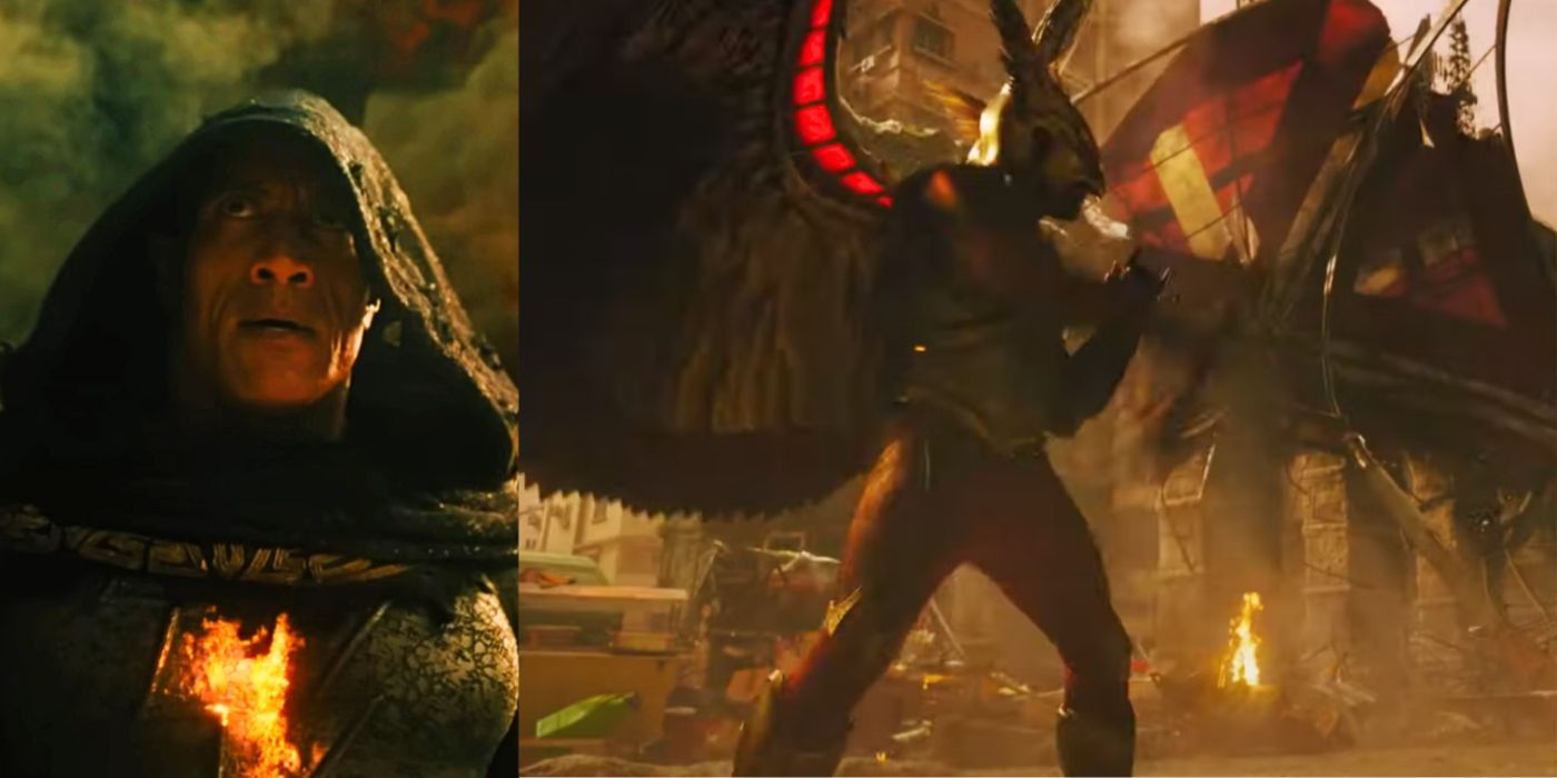 Split screen of Black Adam among explosions and Hawkman in a fighting stance