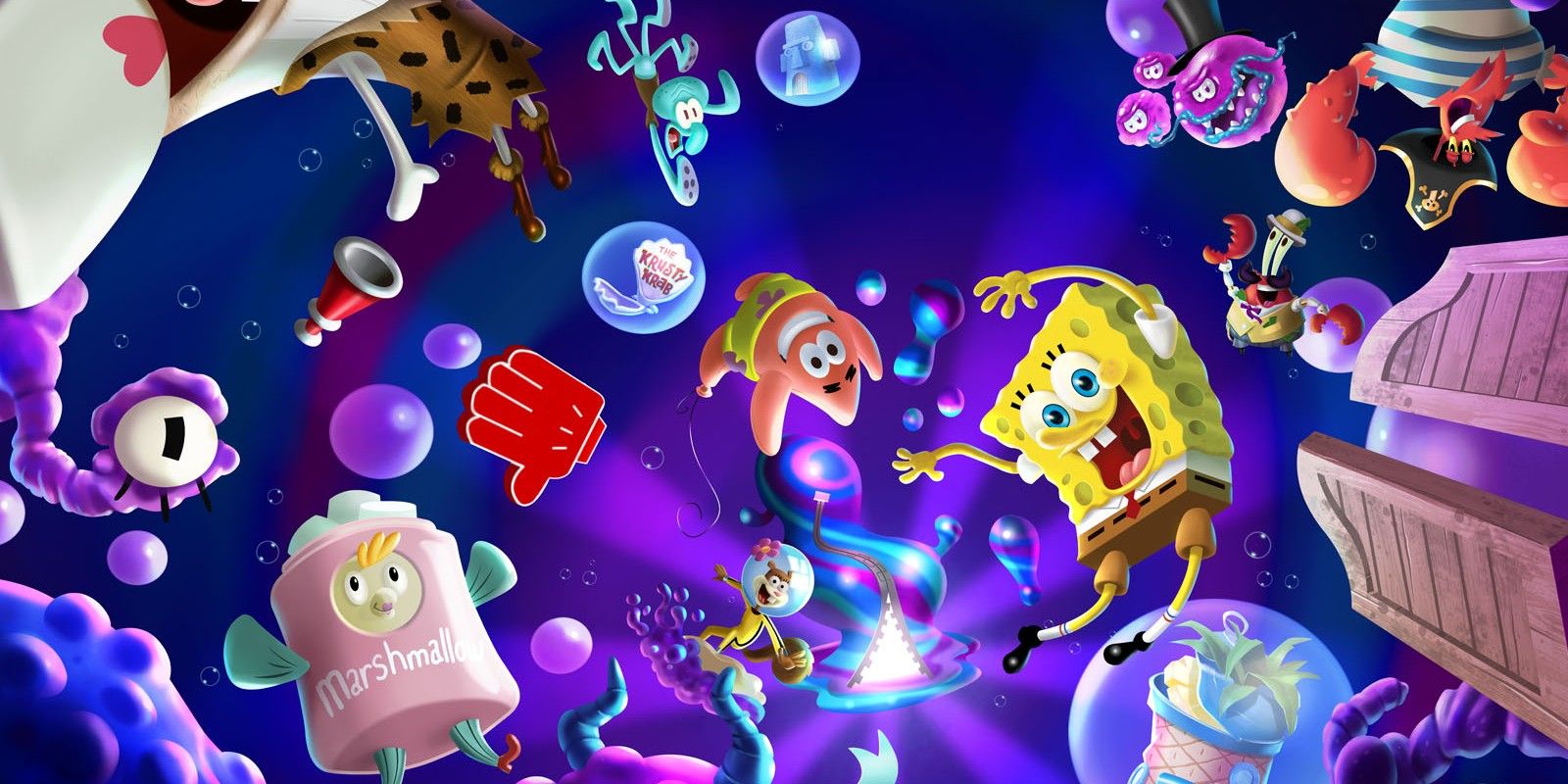 SpongeBob SquarePants Cosmic Shake Key Art featuring Spongebob and friends floating through space