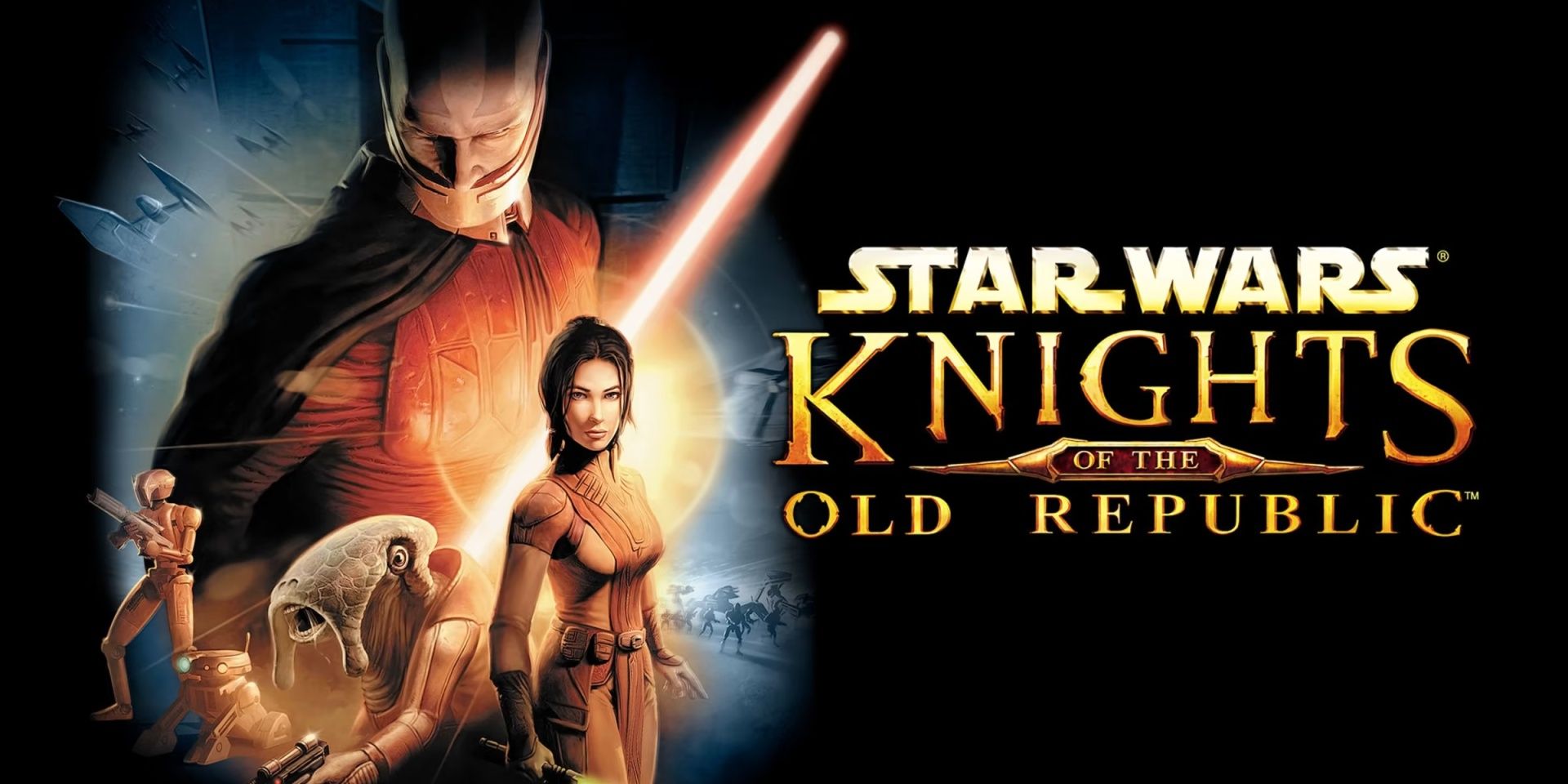 Star Wars: Knights of the Old Republic's logo next to its cover artwork, showing Darth Malak, Bastila Shan, HK-47, T3, and a Selkath character.