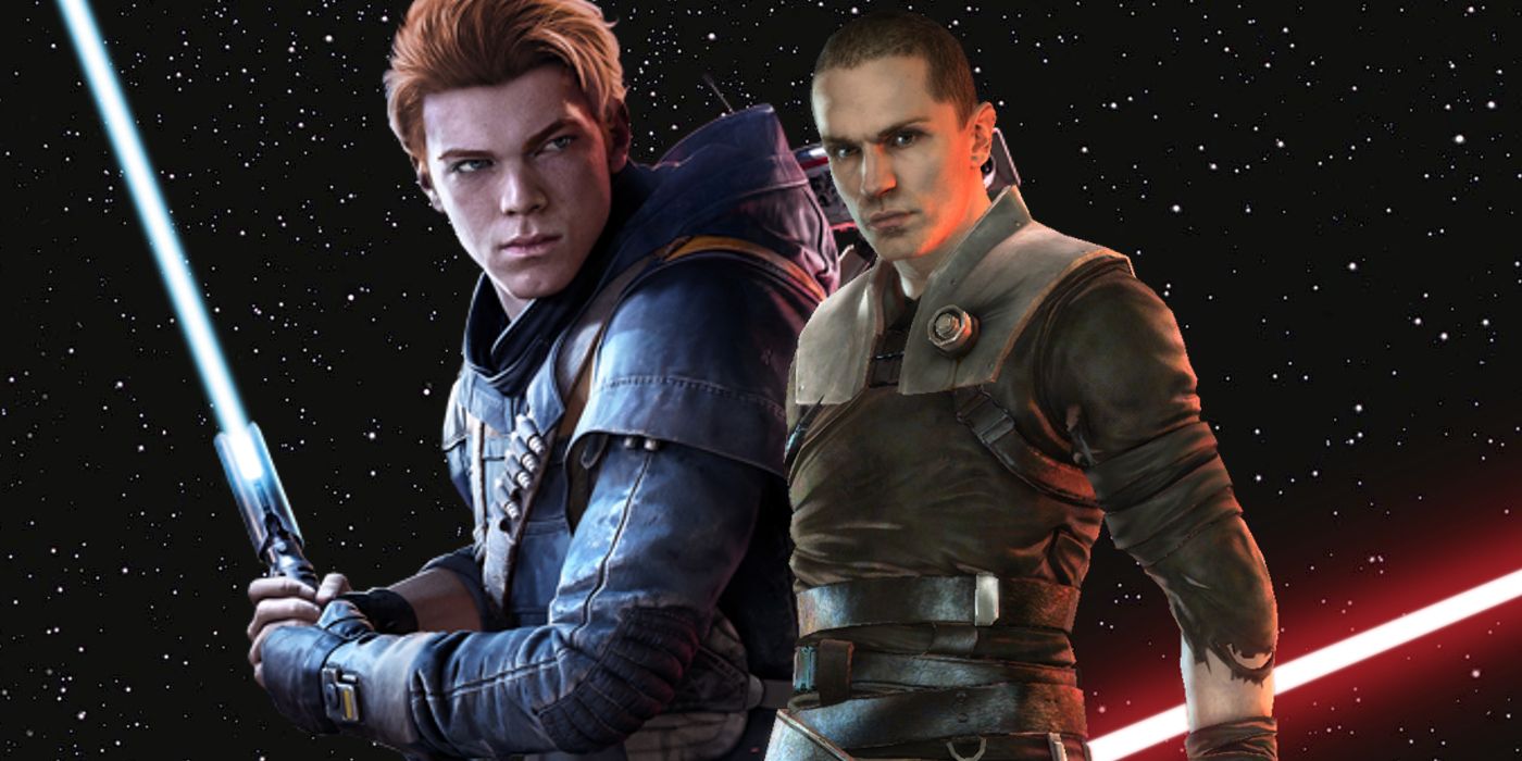 Image of Cal Kestis and Starkiller in front of a starfield background. Both characters have their lightsabers ignited, with Cal's emitting a blue color and Starkiller's a red.