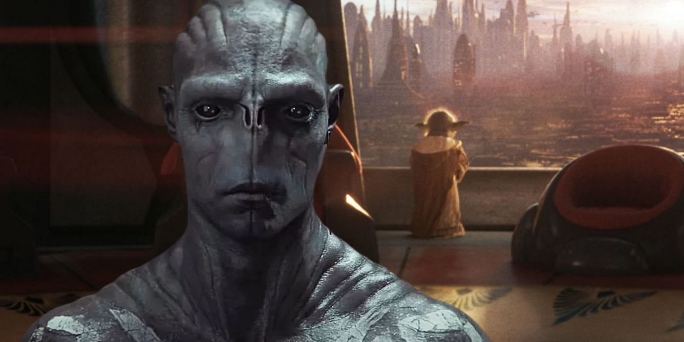 Image of an alien species seen in Star Wars Eclipse pasted onto a background of a High Republic-era Yoda in the Jedi Council room.
