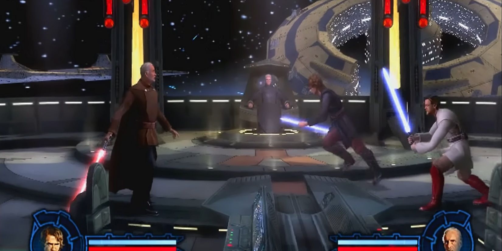A lightsaber battle between Count Dooku, Anakin Skywalker, and Obi-Wan Kenobi in the Revenge of the Sith tie-in game.