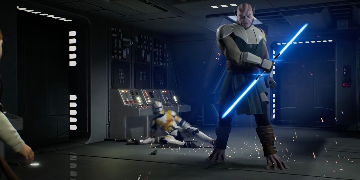 Image of Jaro Tapal, Cal Kestis' former master, cutting down a Clone Trooper in Jedi: Fallen Order.