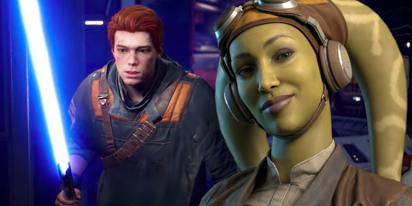 Image showing both Cal Kestis from Star Wars Jedi: Fallen Order and Hera Syndulla as she appears in Star Wars Squadrons. Cal is wearing his dark poncho with his blue lightsaber ignited inside the Stinger Mantis starship, while Hera is positioned on the right, smiling.