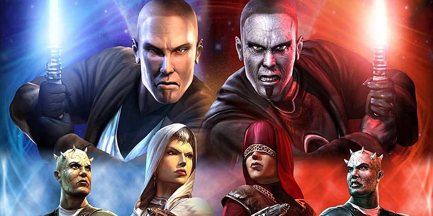 An image showing the light and dark side paths for Star Wars: Knights of the Old Republic 2, with two versions of the Exile above light side and dark side squad members.