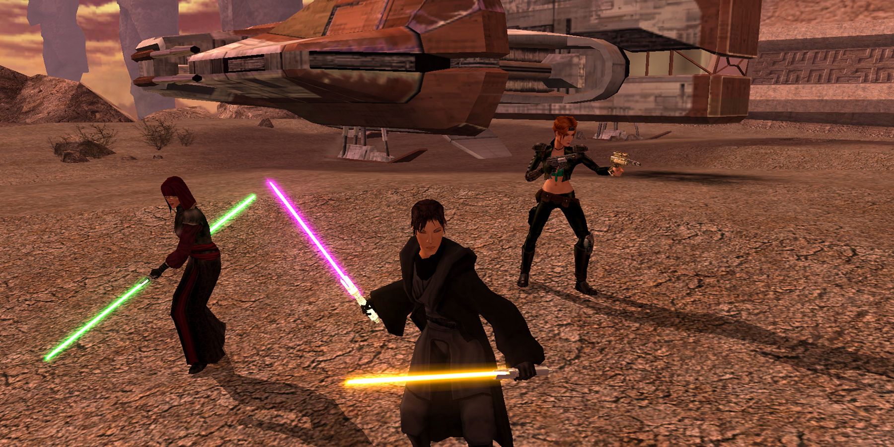 A playable party standing in front of the Ebon Hawk in Star Wars: Knights of the Old Republic 2.