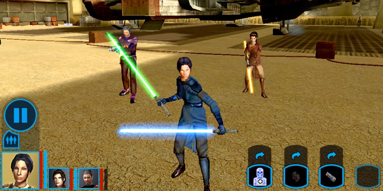 A playable party standing in front of the Ebon Hawk in Star Wars: Knights of the Old Republic.