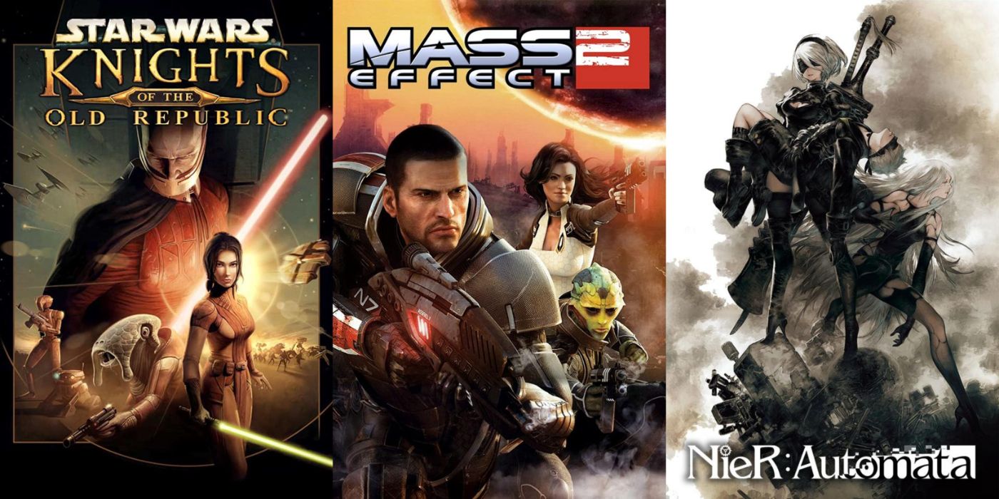 Split image of Star Wars: Knights of the Old Republic, Mass Effect 2, and NieR:Automata.