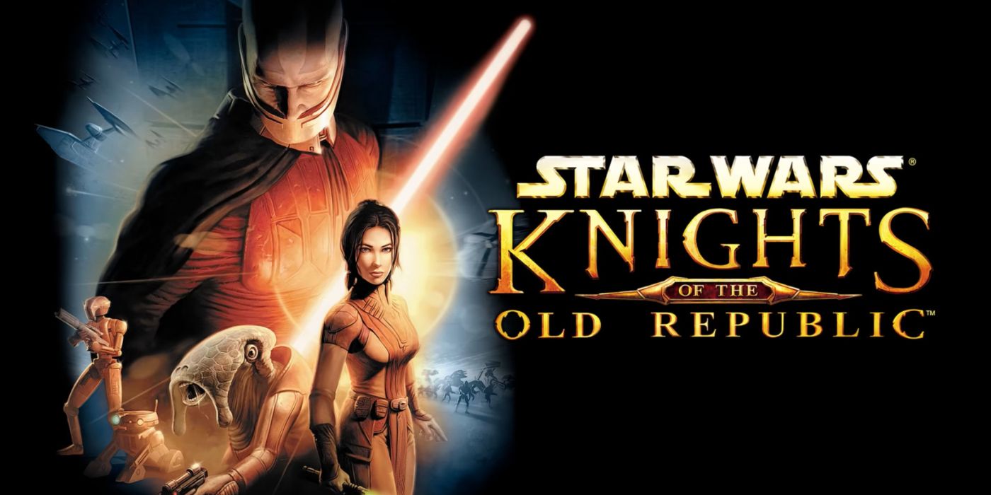 Promotional art for Star Wars: Knights of the Old Republic featuring a collage of the cast.