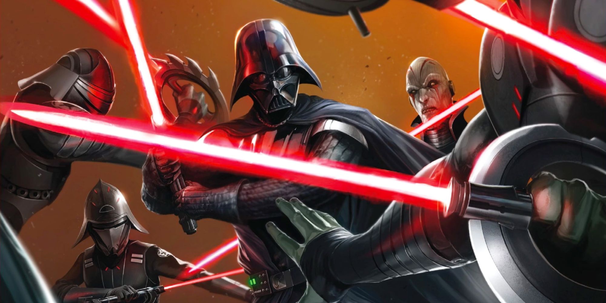 Darth Vader and Imperial Inquisitors with lightsabers drawn.