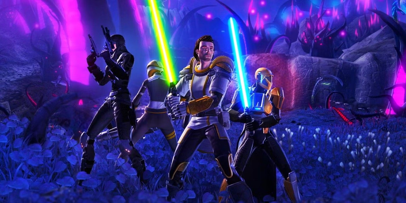 A group of Star Wars: The Old Republic players stand side by side, with lightsabers and guns.