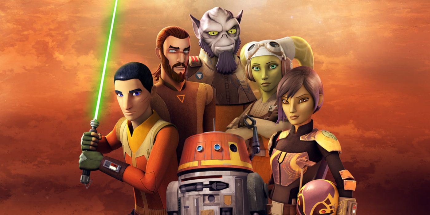Arte promocional de Star Wars Rebels apresentando o novo elenco principal.