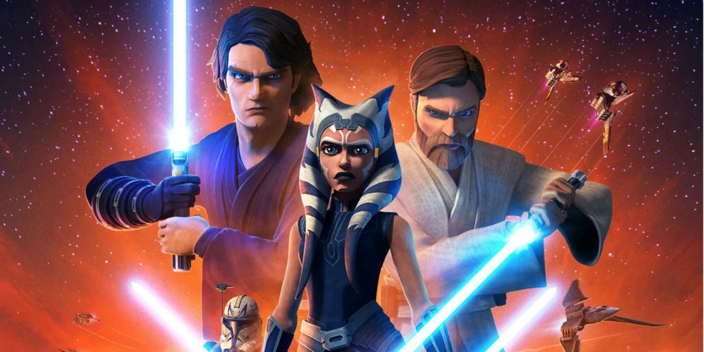 Star Wars: The Clone Wars season 7 promo art featuring Anakin, Ahsoka, and Obi-Wan.