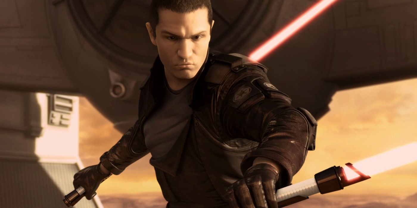 Star Wars The Force Unleashed 2 - Starkiller memegang dua lightsaber merah di Bespin.