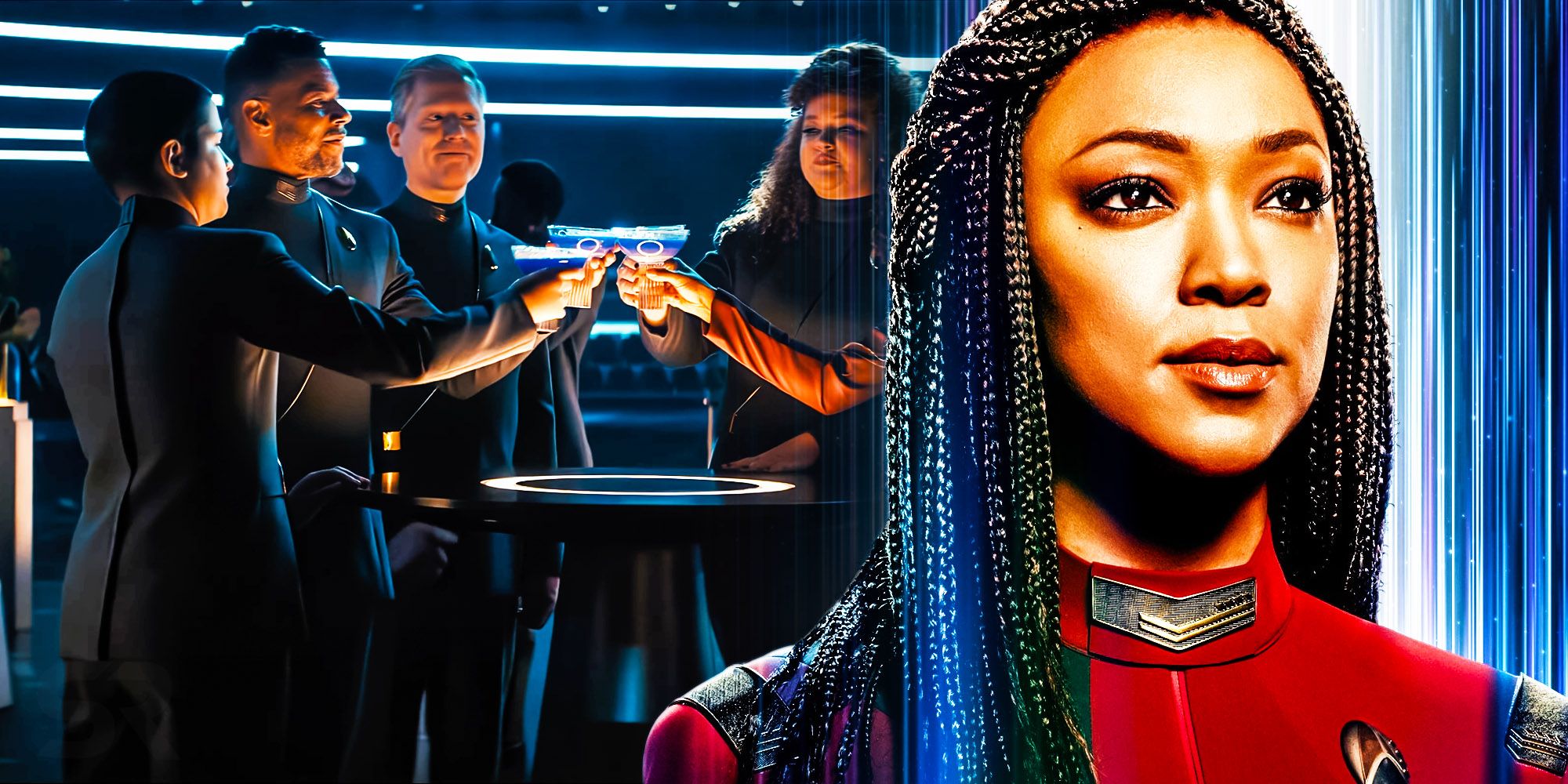 A hero shot of Captain Michael Burnham and the cast of Star Trek: Discovery sharing a toast behind her