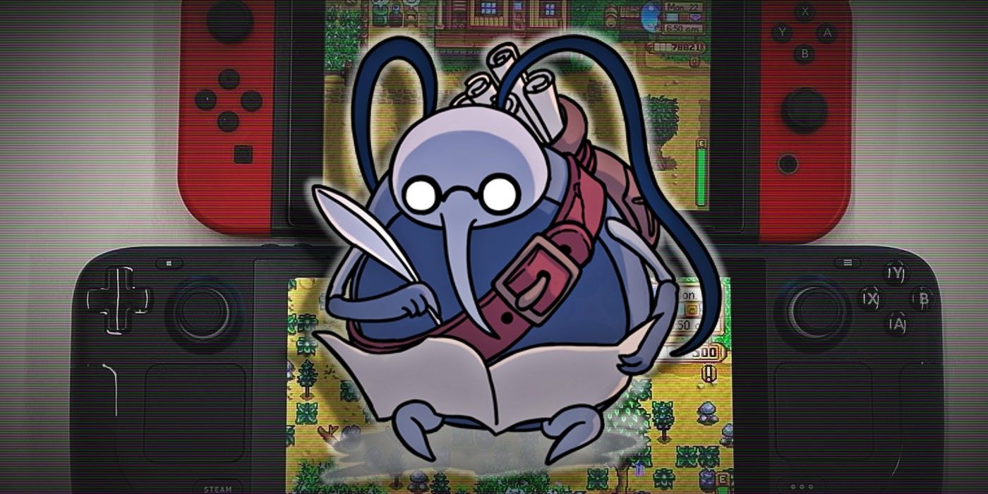 The Nintendo Switch and Valve's Steam Deck together, with a character from Hollow Knight superimposed over them.