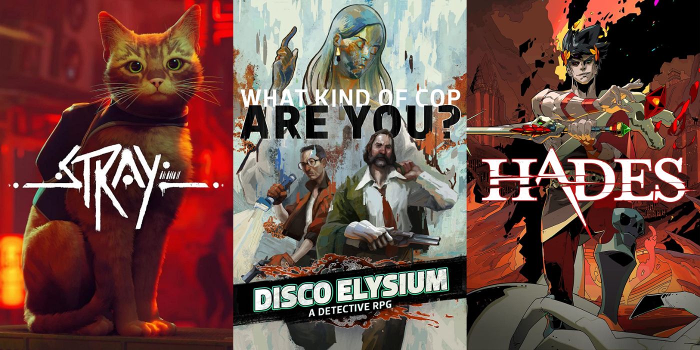 Split image of Stray, Disco Elysium, and Hades promo art.