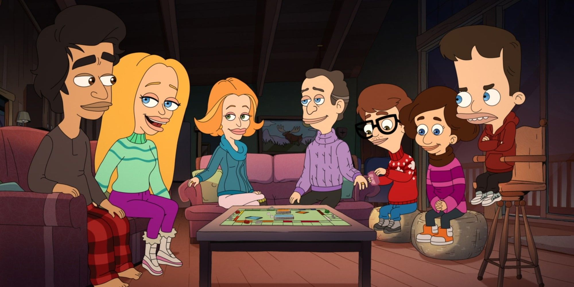 Characters sitting in a ski resort in Big Mouth